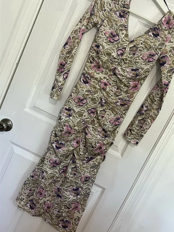 H&M Floral Ruched Midi Dress Bodycon Long Sleeve V Neck Boho Romantic Size XS - Image 4