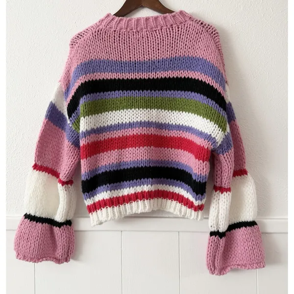 BiBi Sweater M Chunky Knit Striped Bell Sleeve Crop Pullover Colorful Boho NWT - Image 4