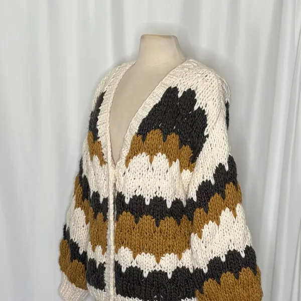 CHICWISH Color Block Hand Knit Chunky Cardigan Sweater Smoke Medium Large - Image 7