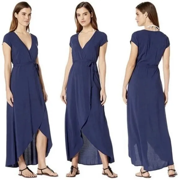 L*Space Midnight Blue Goa‎ Wrap Dress High Low Maxi Minimalist Coastal Sz Large - Image 2