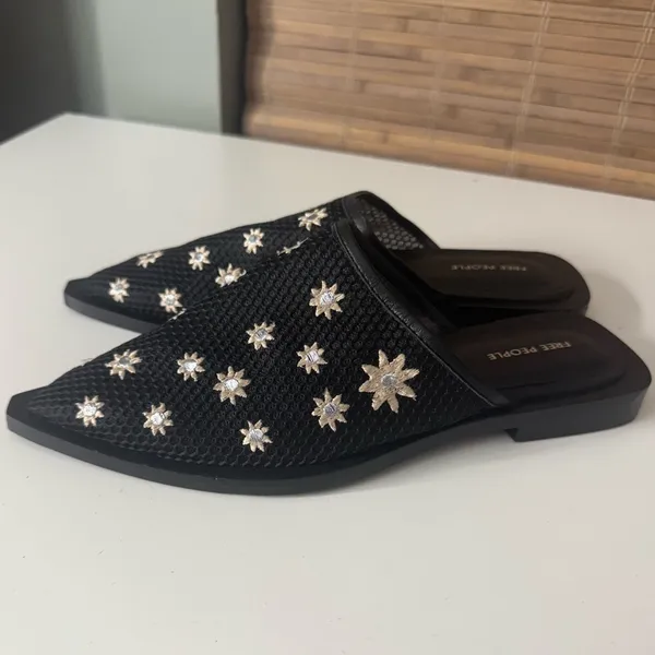 Free People Becky Daisy Embroidered Mules in Black 9 - Image 3