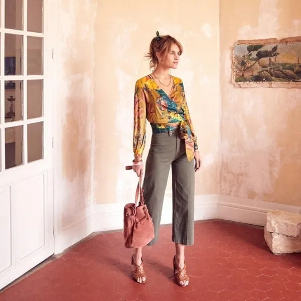 Sezane Anya Wrap Silk Blend Multicolor Tropical‎ Print V-Neck Blouse Size 34 - Image 4