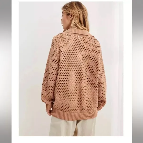Aerie NWOT Open Knit Polo Sweater in Beach Dune‎ Size Smalll - Image 2