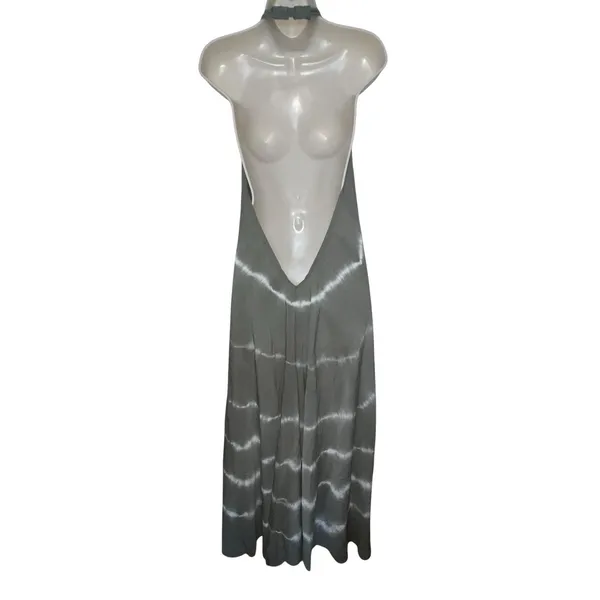 Vasna 100% Linen Halter Maxi Dress XL Oversized Lagenlook ‎ Italy Green Tie Dye - Image 3