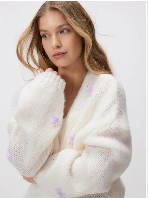 Reserved Women’s Cream Open Front Knit Cardigan with Lilac Floral Detail Size S - Image 3