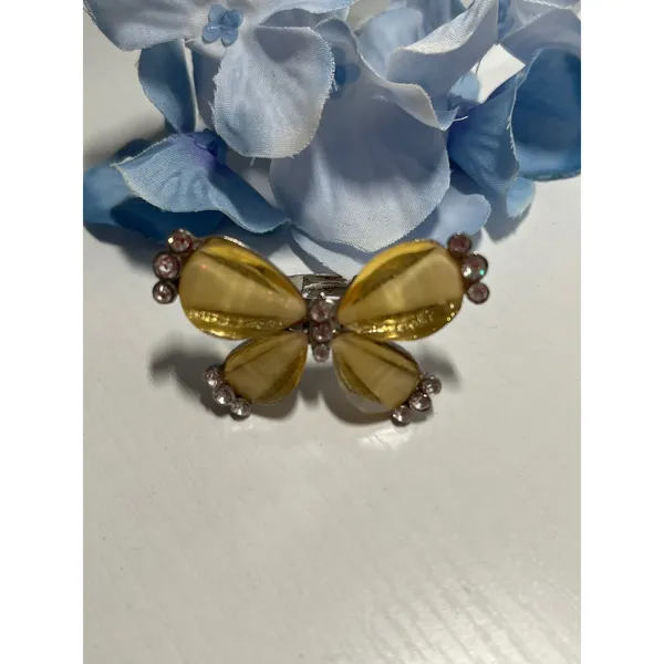 Yellow Butterfly Statement Ring Rhinestone Silver Tone Adjustable Band Oversized - Image 2