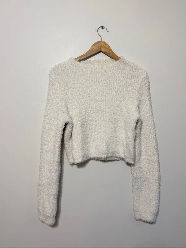 Aerie Matching Sweater Set Cream White Fuzzy Fluffy Marshmallow Medium & Pants - Image 3