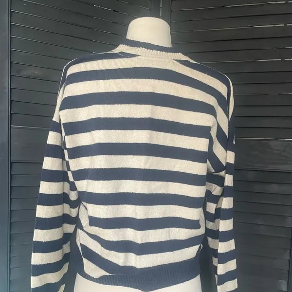 LOFT‎ Navy and Cream Striped Cardigan - Image 4