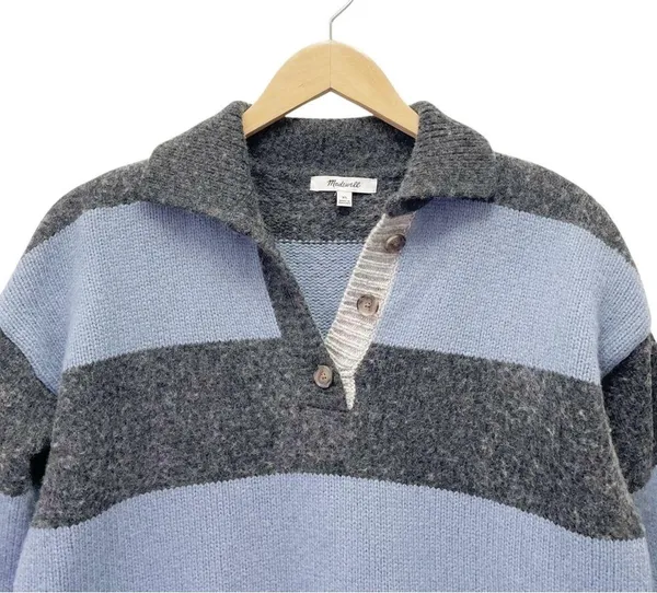 Madewell Rugby Stripe Polo Sweater Charcoal Gray & Blue Stripe Pullover Size XS - Image 4