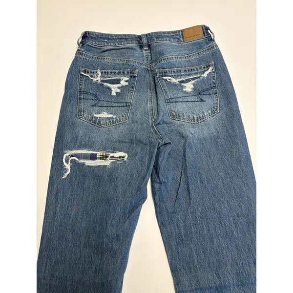 American Eagle Outfitters Distressed Jeans Plaid Flannel Patch Size 6 High Rise - Image 3