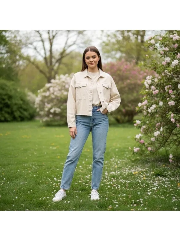 ZARA Cream Beige Cropped Frayed Hem Denim Cotton Jacket Utility Casual Boxy XL - Image 2