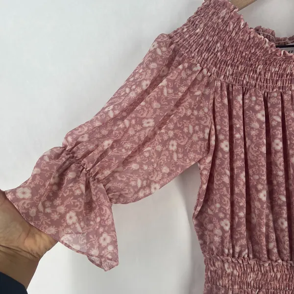 Misa Los Angeles Tiered A Line Mini Dress Womens Small Dusty Rose Floral Smocked - Image 3