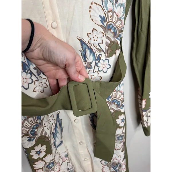Sézane Button Down Floral Khaki Green Cream Belted Shirt Dress Sz 34 XS - Image 5