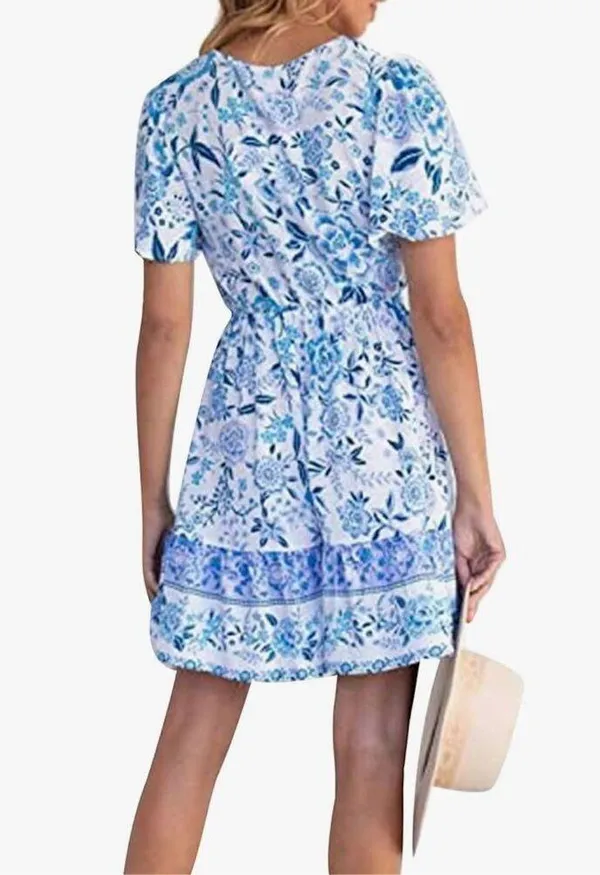 NEW Floral V Neck Casual Short Sleeve Dress Mini Boho Ruffle L - Image 2