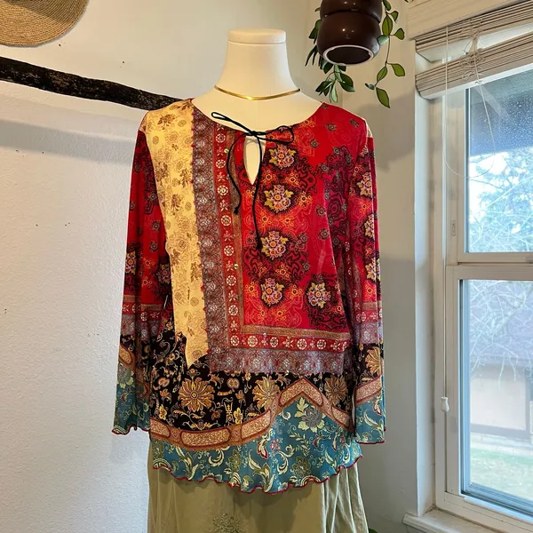 Laura G. Y2K Patchwork Long Sleeve Printed Bow Tie Indie Boho Blouse Size XL USA - Image 6
