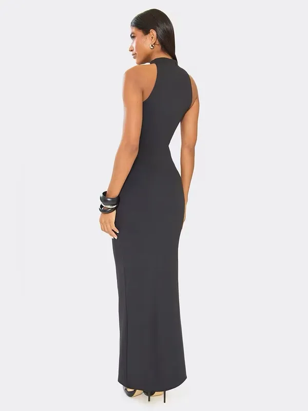 Ego High Neck Trim Detail Fitted Maxi Dress In Black Size 4 - Image 3
