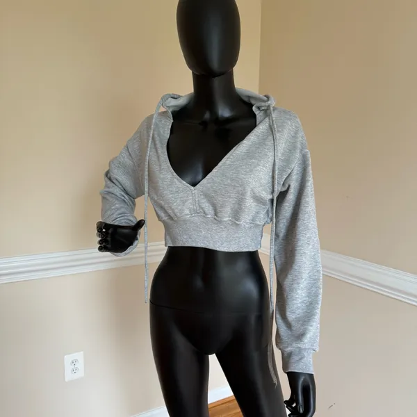 Crop Top Hoodie Sweatshirt Vneck Long Sleeve Top Tee Blouse Gym Sport Top Tshirt - Image 2