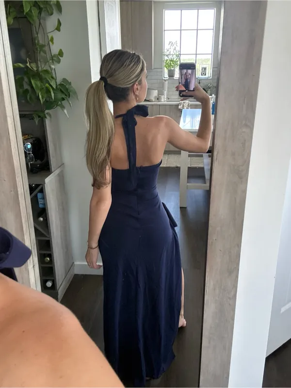 Showler Elegant Navy Halter Maxi Dress with Thigh Slit (Size XS) - Image 2