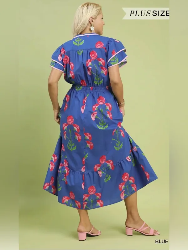 New! Umgee Plus Size Floral Blossom Meadow Print Pedal Sleeve Midi Dress Size 1X - Image 5