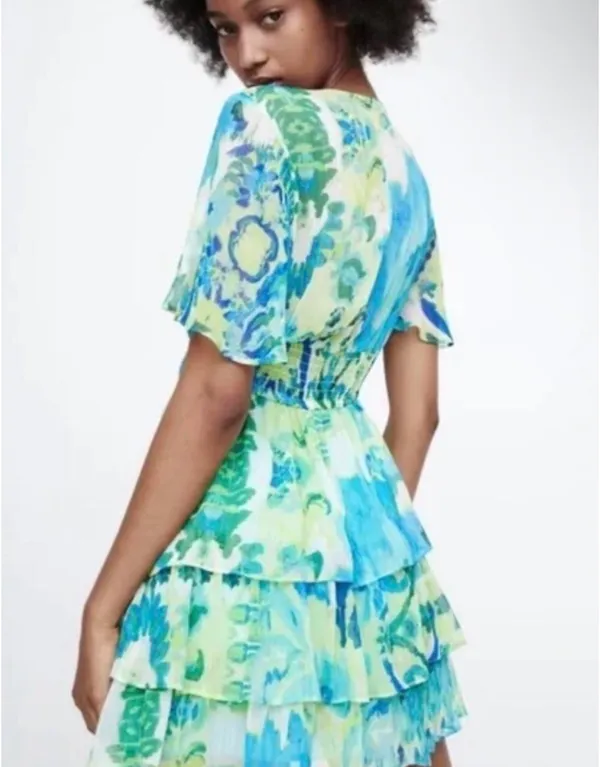 Zara Blue-Green Floral V-Neck Mini Dress - Image 2
