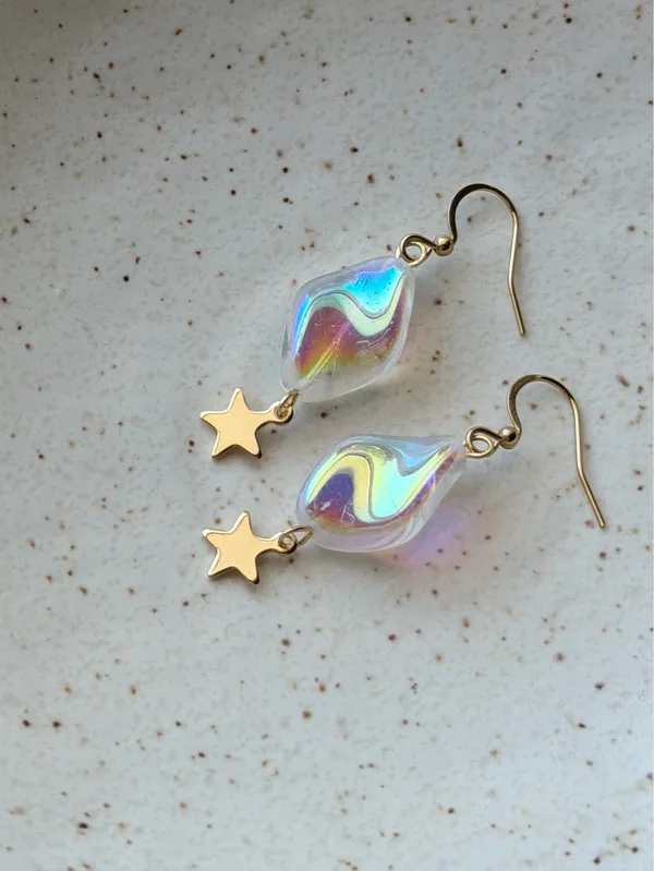 Handmade cute whimsical style quality Czech glass beads unique dangle earrings🩵 - Image 3