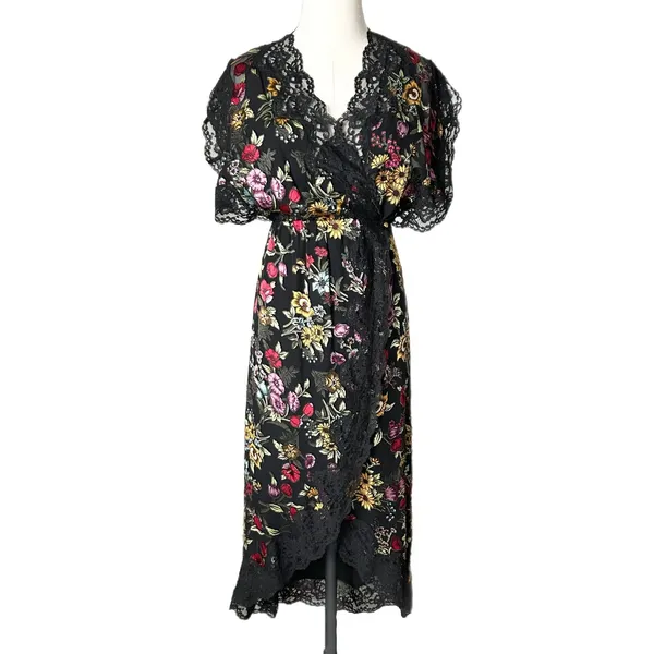 Alice + Olivia Adele Black Floral Silk Blend Lace Trim Midi Wrap Dress Size 2 - Image 2