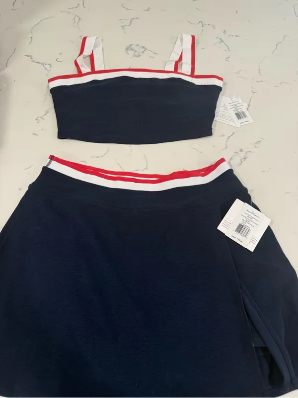Beyond Yoga Navy Skater Skirt with Red and White Stripe Waistband - Image 3