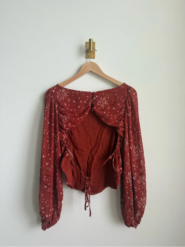 Free People L Ruched Floral Chiffon Open Back Blouse Balloon Sleeve Boho Top - Image 12