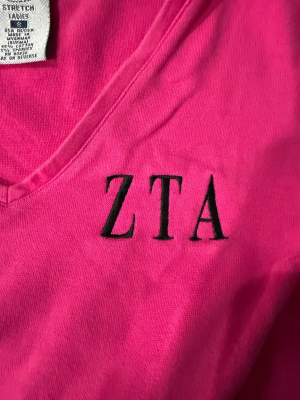 Port Authority Women’s Vintage Hot Pink Zeta Tau Alpha Babydoll V Neck Tee Size Small - Image 5