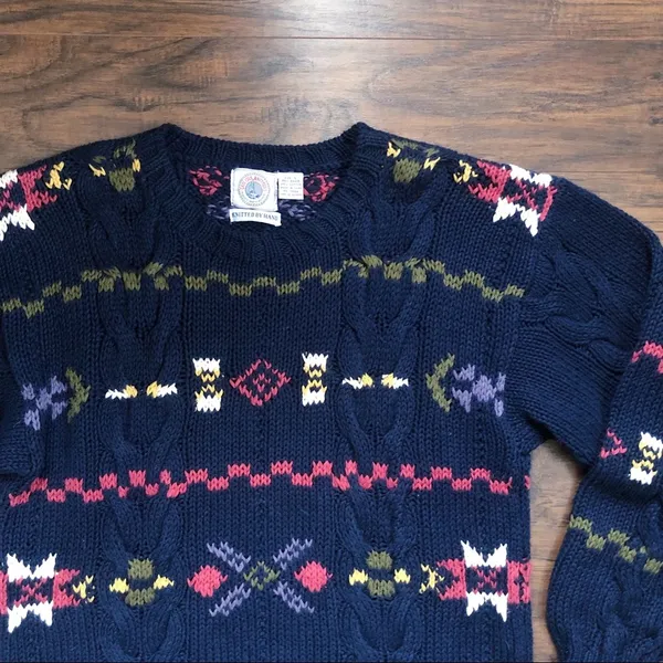 vintage • handknit sweater pullover chunky oversized navy blue 1990s cable knit - Image 6