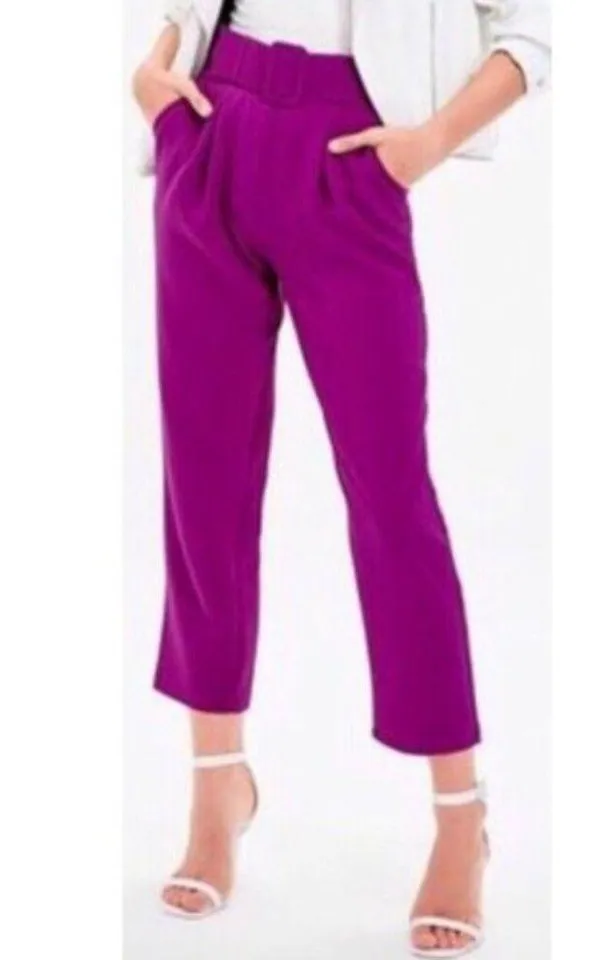 June & Hudson Belted Paper Bag High-Waisted Pants in Fuschia, Size L EXCELLENT - Image 2