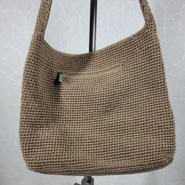 Vintage Sak Crochet Shoulder Bag 10" Dark Tan Nylon Ladies Handbag Pockets - Image 10