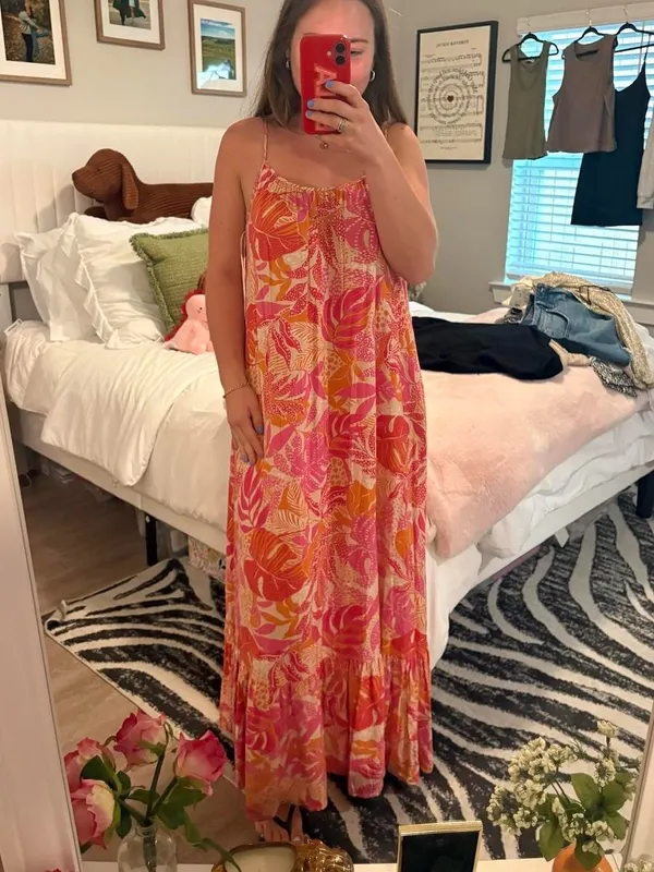 Pink and orange floral maxi dress with cami straps - Image 2
