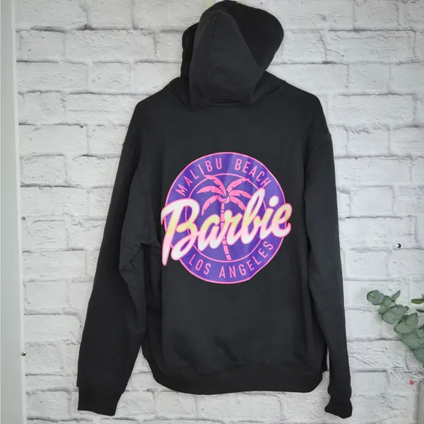 Barbie Malibu Beach Graphic Hoodie L Black Neon Retro Pullover Sweatshirt fall - Image 3