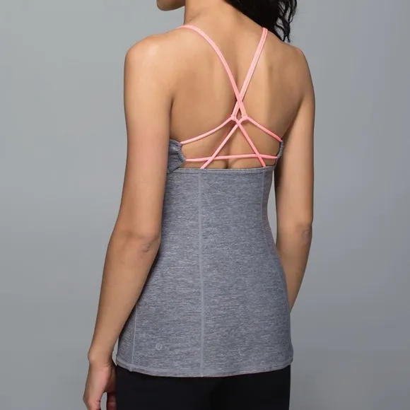 Lululemon Dancing Warrior Gray Strappy Yoga Tank Hot Pink Detail - Image 2