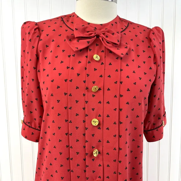 Vintage Adolfo‎ Saks Fifth Avenue Dress Maple Leaf Print Bow Secretary Mod S/M - Image 5