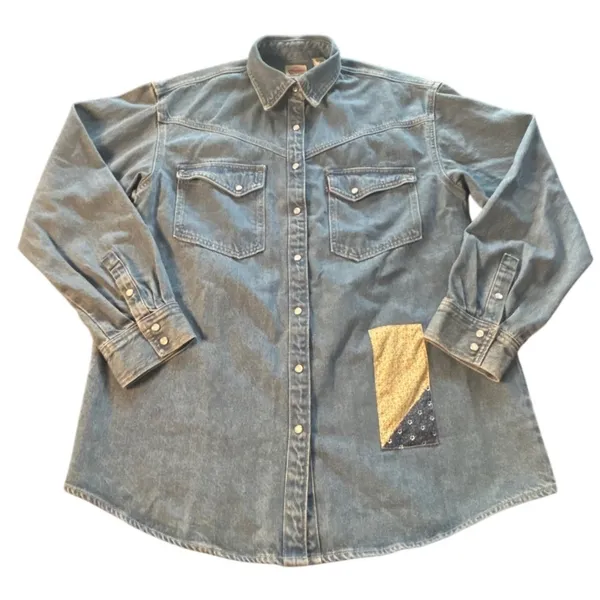 Levi's Premium Dorsey Patchwork Western Shirt Sm Pearl Snaps NWT Oversized Baggy - Image 4