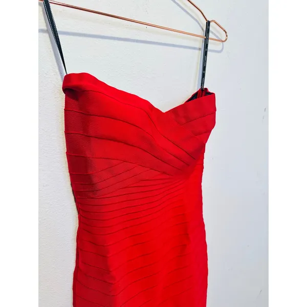 HERVE LEGER Fire Red Isla Signature Bandage Strapless Sleek Sculpted Dress sz S - Image 3