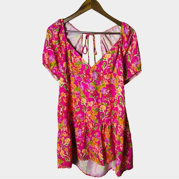 RESA Amber Floral Mini Dress‎ Size S Pink Puff Sleeve Open Back Tie - Image 3