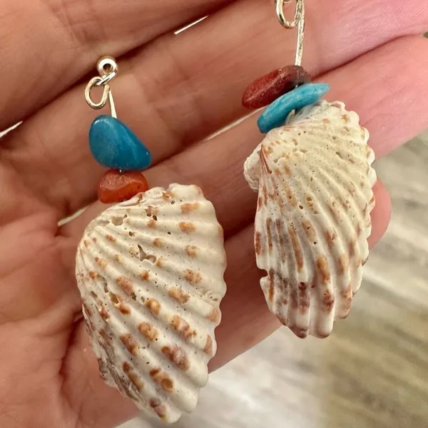 Blue orange shell drop earrings - Image 2