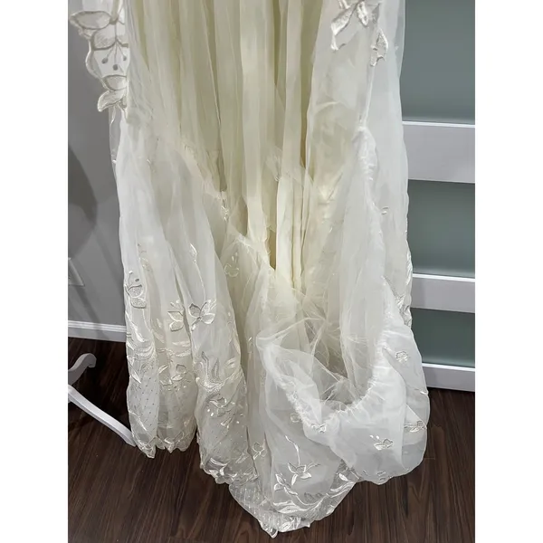 Vintage 80s‎ Victorian Revival Wedding Dress Ivory High Neck Sheer Lace Illusion - Image 9