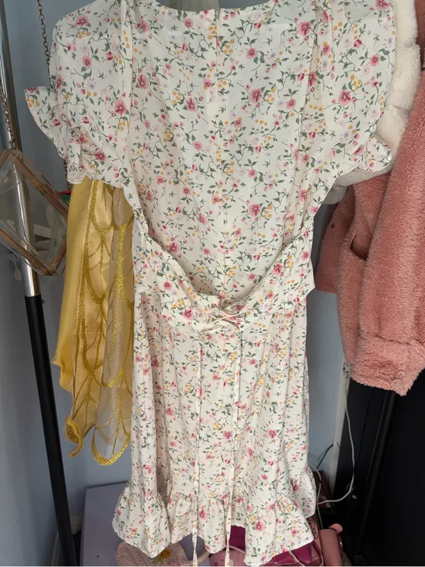 Cream Floral V-Neck Ruffle Sleeve Midi Dress - Image 2
