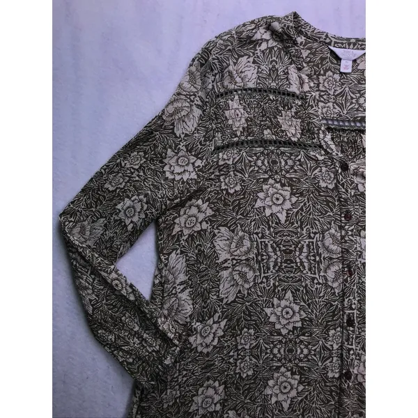 Sun‎ & Shadow Floral Blouse Womens XL Olive Green Boho Crochet Trim - Image 6