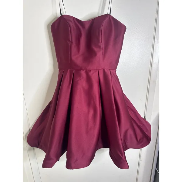 Betsy & Adam Satin Strapless Pleated Fit & Flare Cocktail Mini Dress Berry 6 - Image 5