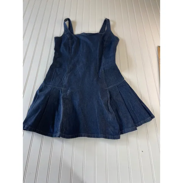 Gap Denim Pleated Mini Dress Dark Wash Square Neck Sleeveless Coquette Medium - Image 3