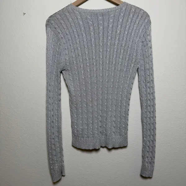 Lauren Ralph Lauren Women SILK Cable Knit Sweater‎ Medium Silver Metallic Preppy - Image 7