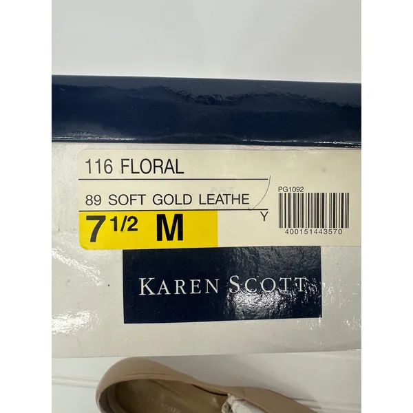 Vtg Karen Scott Floral Flats Women 7.5 Gold Leather Low Heel Dress Shoes Comfort - Image 2