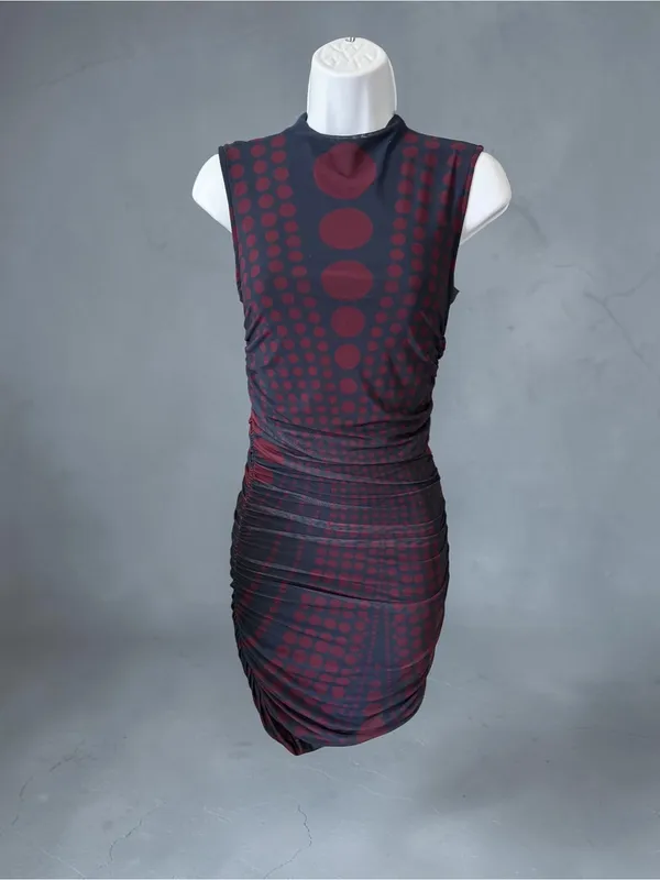 AFRM- Darcie Navy and Burgundy Dot Ruched Mini Dress Size S - Image 6