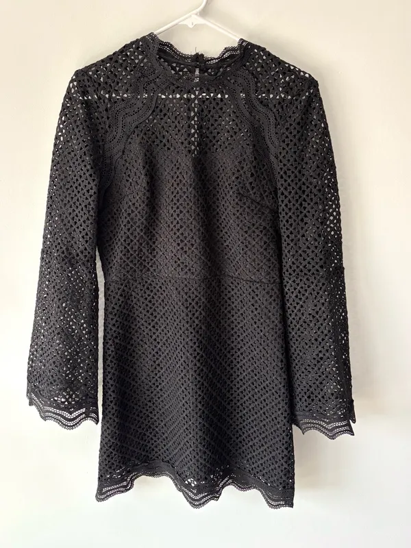 Aqua Black Crochet Lace Mini Dress Bell Sleeves Whimsigoth - Image 2