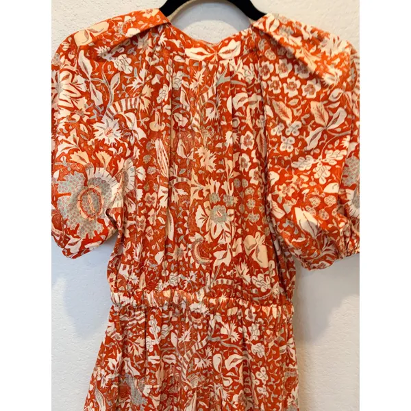 Ulla Johnson Olina Dress Orange White Floral Puff Sleeve Tiered Midi Dress Sz 2 - Image 6